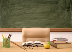 The teacher's desk in front of a green board