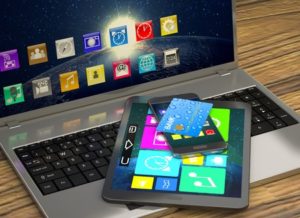Laptop, tablet, and smart phone with various apps